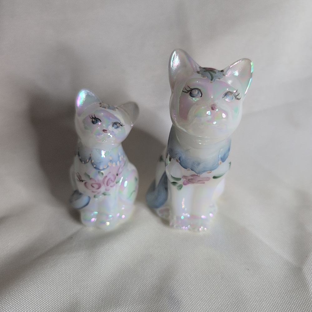 Fenton Iridescent White and Pastel Blue Floral Cat Figurines